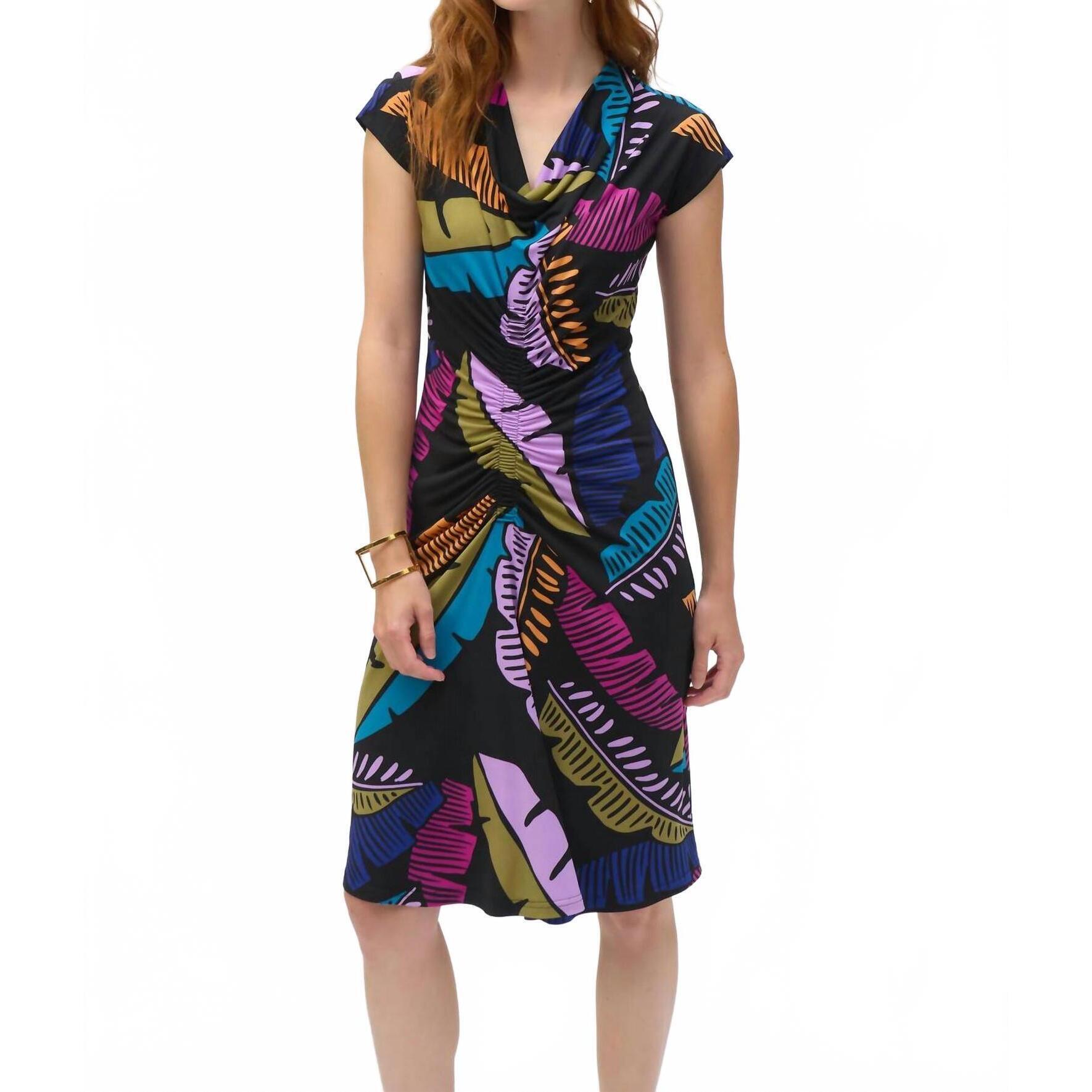 New Joseph Ribkoff Tropical Print Shirred Sheath Dress In Black/Multi